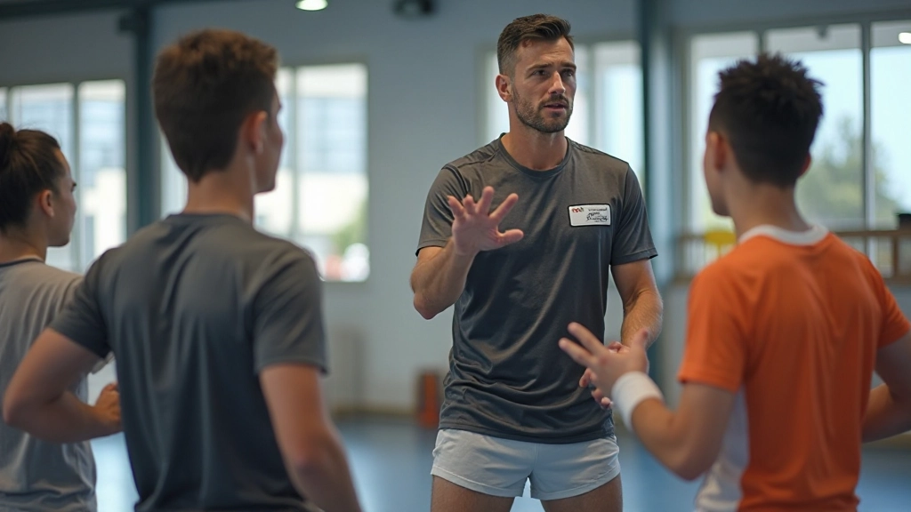 Professional handball coach demonstrating passing technique with athletes in training