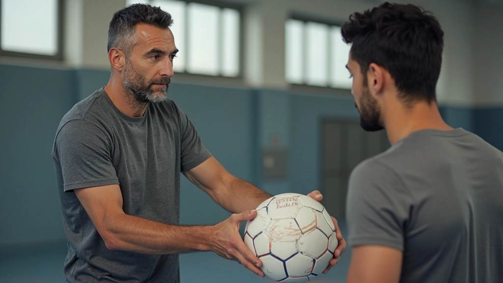 Coach instructing youth athlete on proper passing grip and hand positioning
