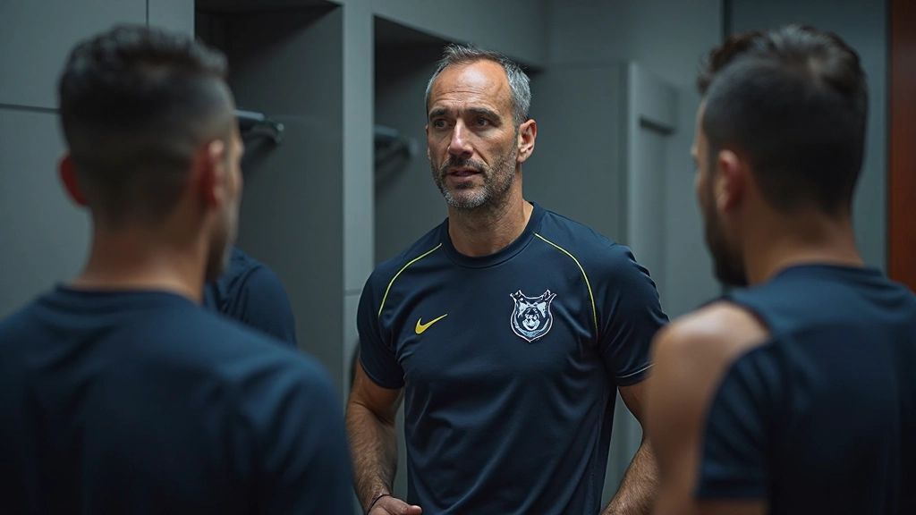 Team coach conducting feedback session with group of young handball players in locker room