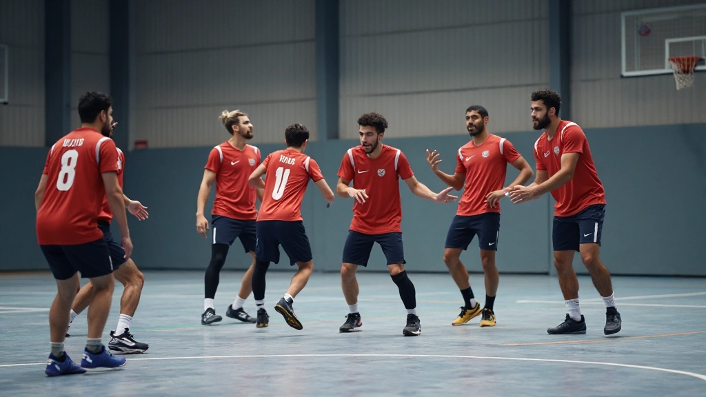 Professional handball training facility with athletes engaged in team practice drills