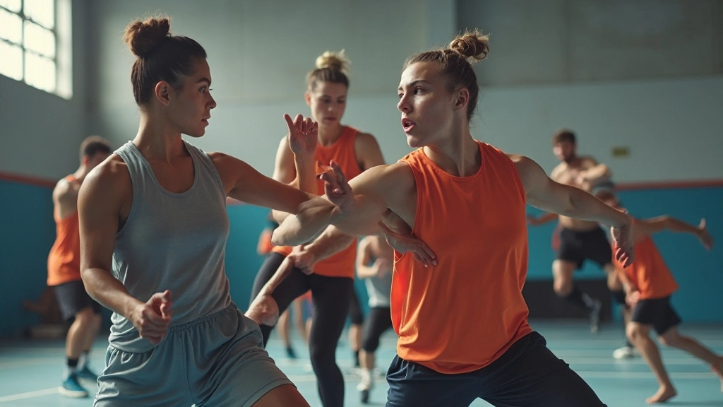 Young athletes performing warm-up and stretching exercises at professional handball training facility