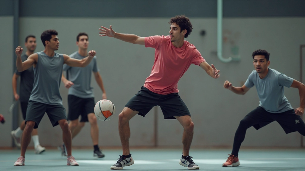 Young athletes performing warm-up and stretching exercises at professional handball training facility