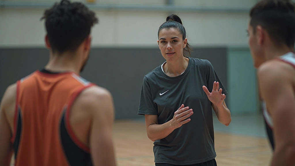 Athletic trainer instructing team players on defensive positioning during practice session