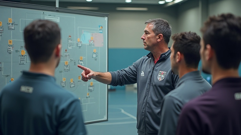 Professional handball players analyzing tactical formation during team discussion