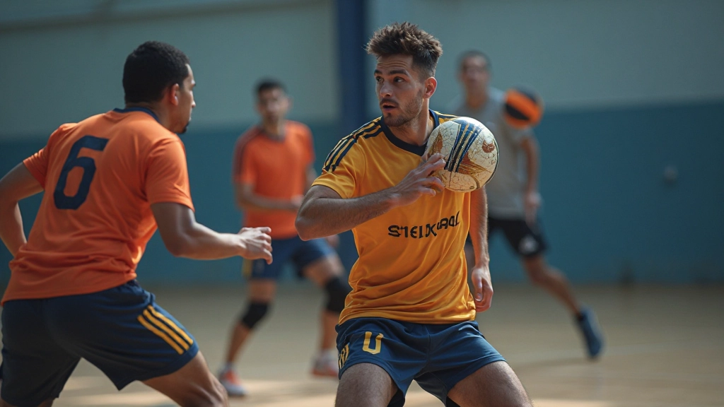 Handball team players executing defensive formation during competitive match