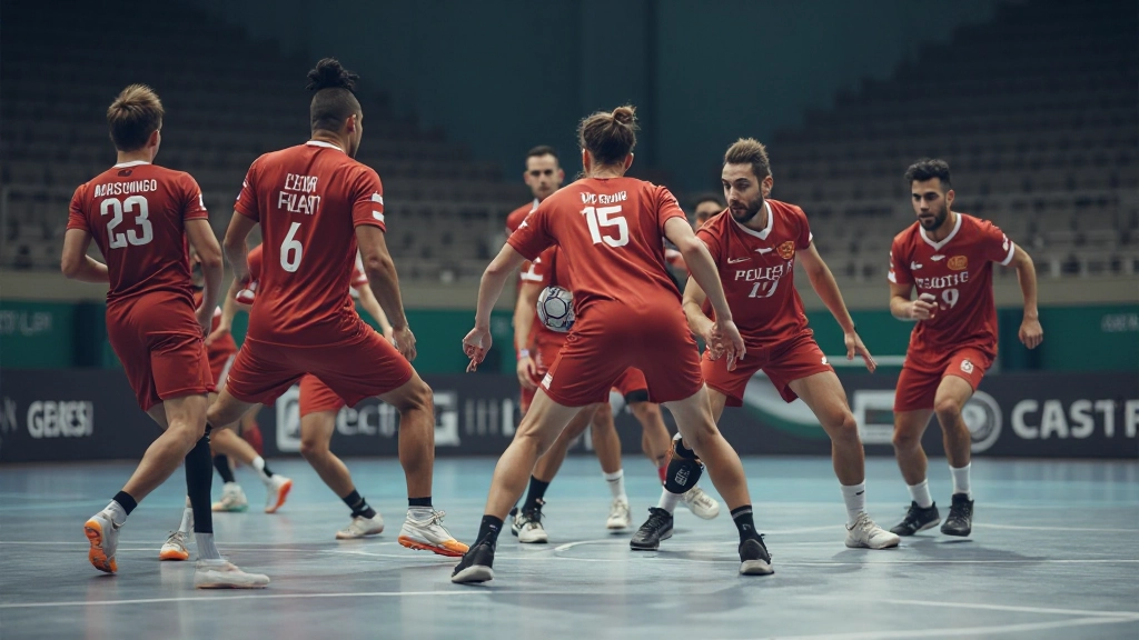 Handball defenders positioned in organized defensive formation