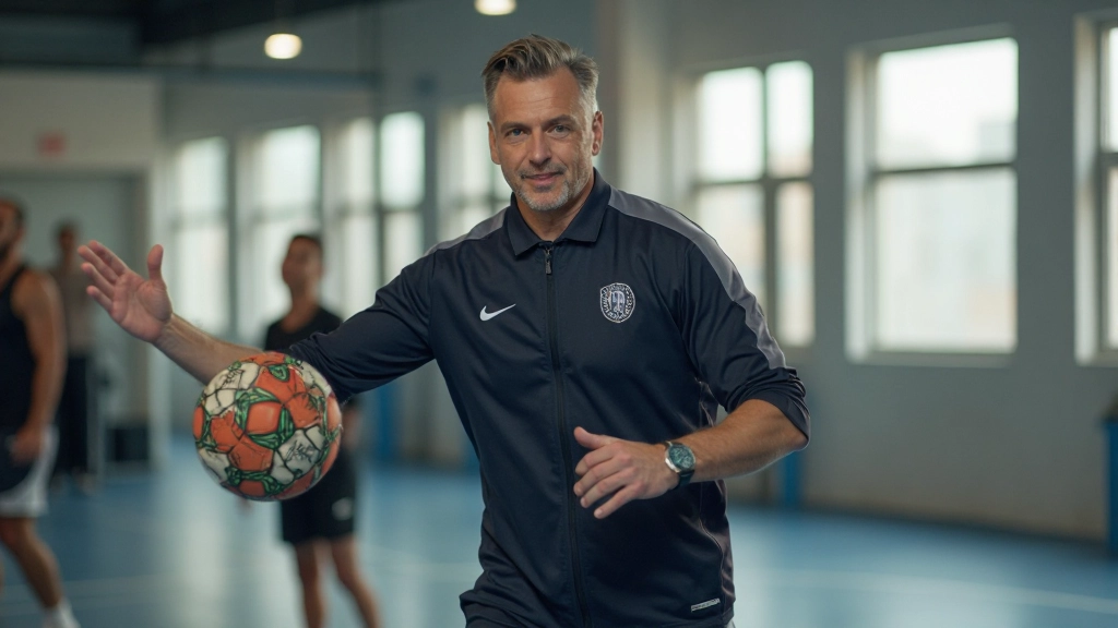 Professional handball coach demonstrating passing technique with athletes in training