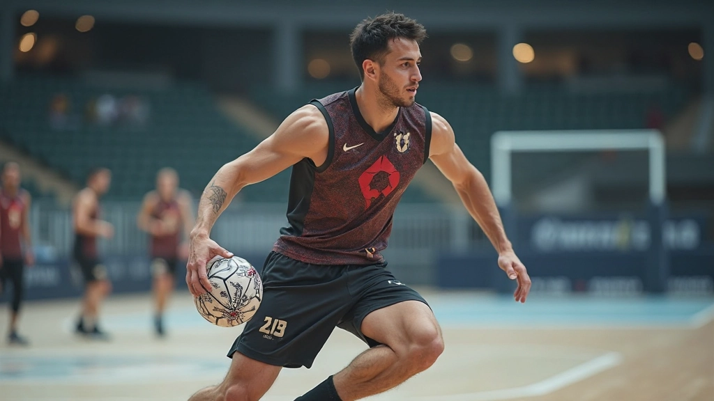 Handball athlete performing dynamic court movement during competitive match